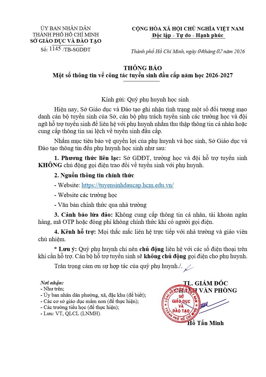 Tuyển sinh đầu cấp năm học 2026-2027